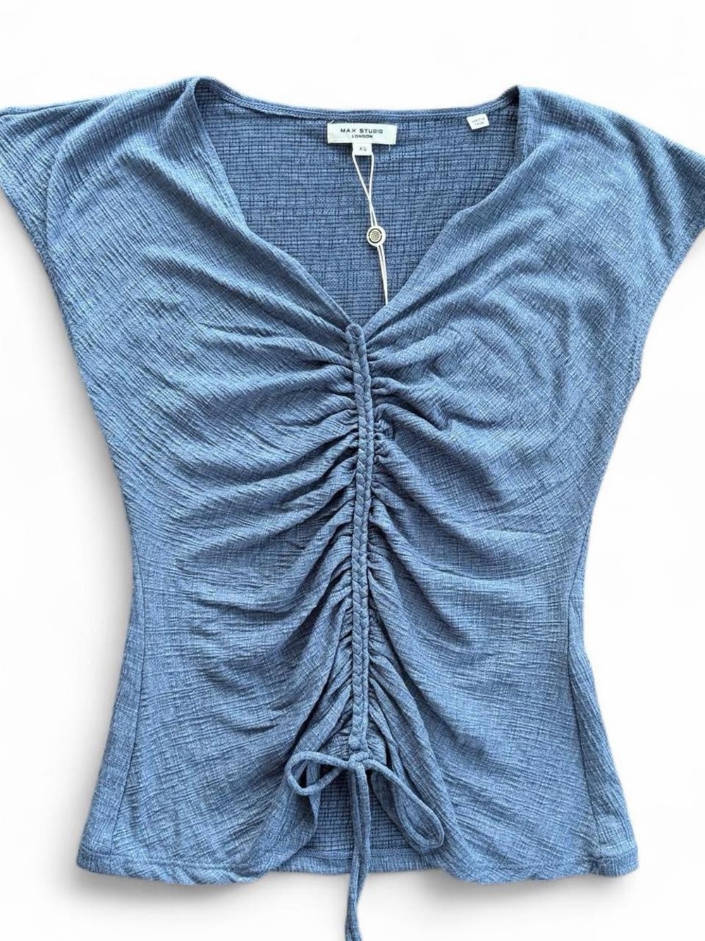 Max Studio Dusty Blue Ruched Tie-Front Short Sleeve Top